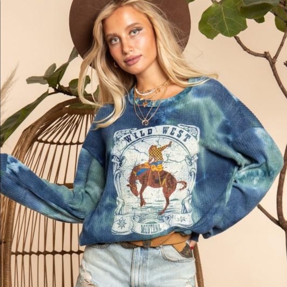 Tops - Tie dye green blue rodeo wester print long sleeve